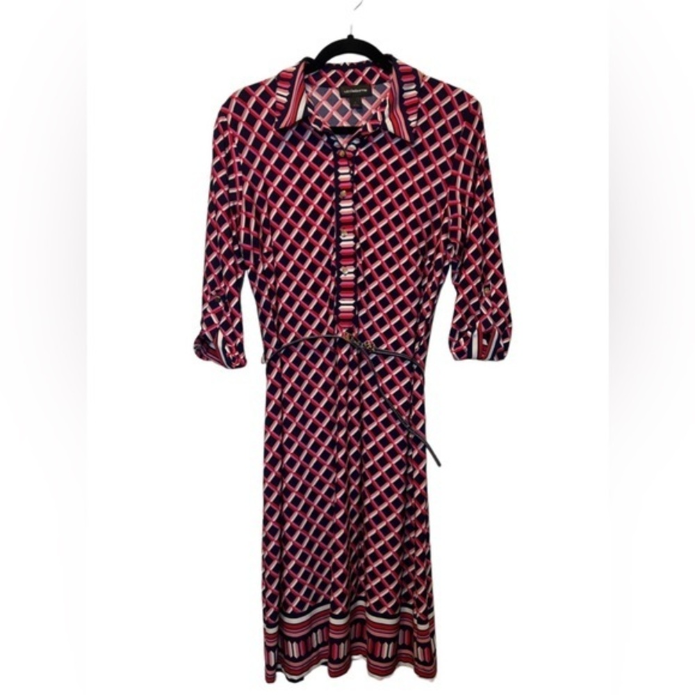 Liz Claiborne Geometric Belted Dress Polyester Blend Sz L Gold Button Cuff Sleev